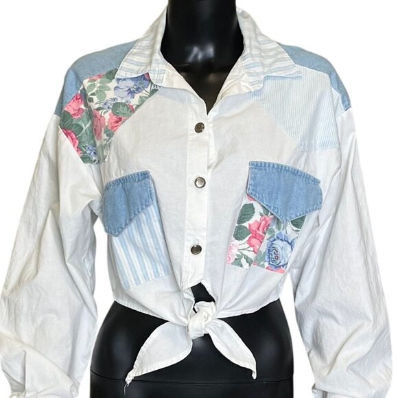Vintage White YOU Babes Cropped Patchwork Button Front Shirt Medium USA Made - Picture 3 of 10